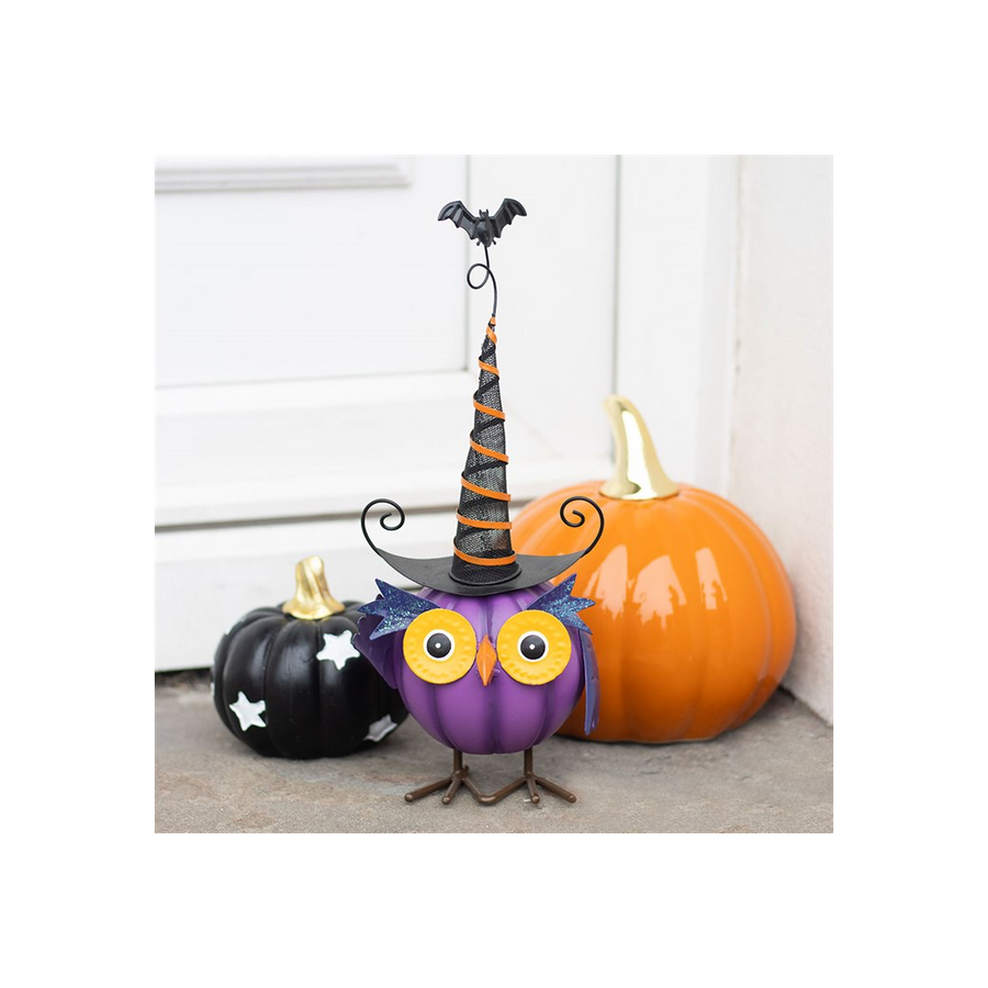 Purple Metal Owl Ornament with Witch Hat