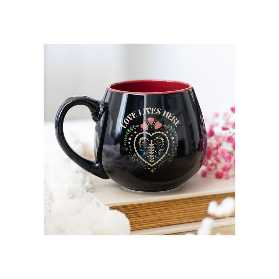 Love Lives Here Folk Heart Rounded Mug