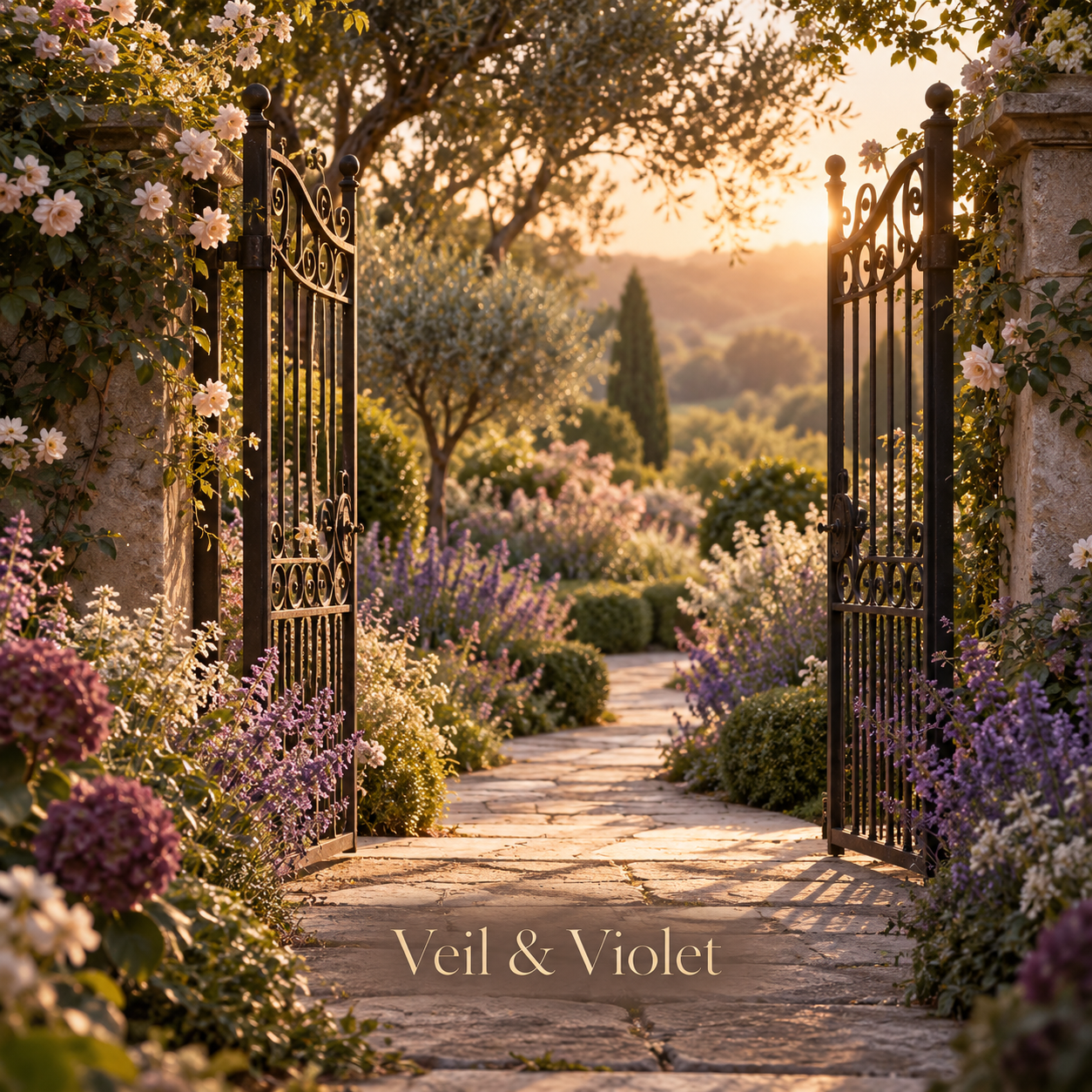 Melissa Mystic beside a sunset lake with Veil and Violet branding