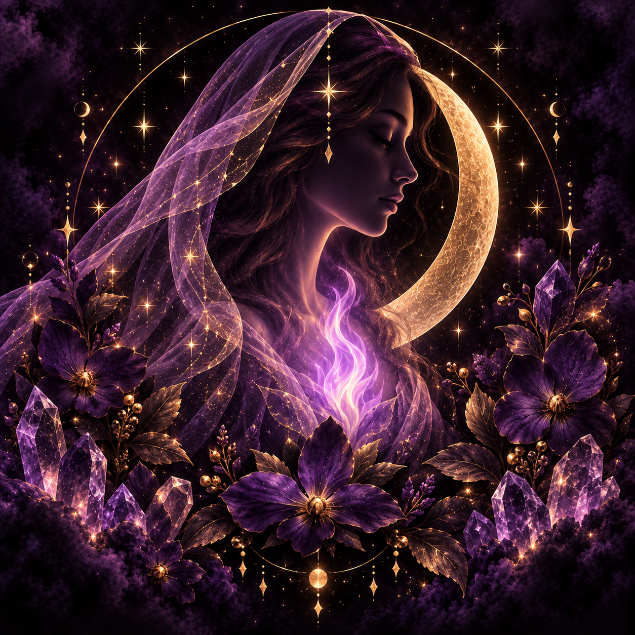 Symbolic artwork of a veiled figure, crescent moon and violet flowers